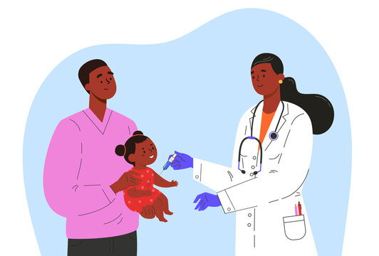 Female doctor makes a vaccine to a child. Concept illustration for immunity health. Man with baby in hospital. Doctor in a medical gown and gloves. Flat illustration isolated on white background. 