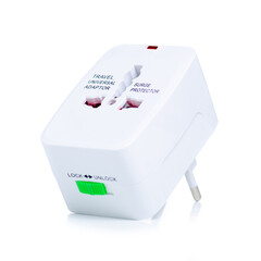 Travel universal adapter on white background isolation