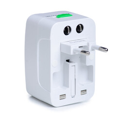 Travel universal adapter on white background isolation