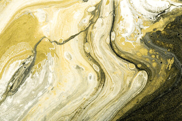 Acrylic Fluid Art. Abstract stone background or texture. Liquid black, white and gold marble textures