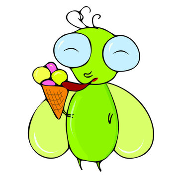 Child character, insect boy with ice cream in hand, funny green fly. Cute illustration for fairy tales, design, comics, toy idea. Vector stock image on white background, isolated.
