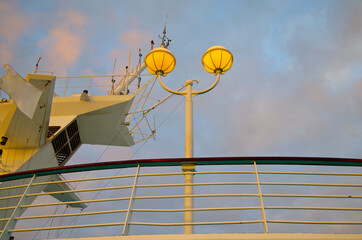 Pooldeck or swimmingpool with outdoor sun deck on modern classic cruiseship or cruise ship liner...