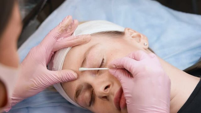 Semi-permanent makeup for eyebrows. Close-up. Microblading