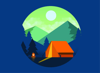 Illustration of night landscape in flat design with tent, campfire, mountains, and forest