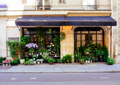 Cozy street with flower shop in Paris, France
