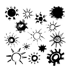 Set of suns, drawn in black ink by hand. 14 different options for logo, icon and pattern.