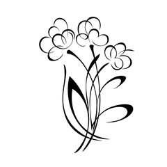 ornament 1565. stylized bouquet of three blossoming flowers in black lines on a white background