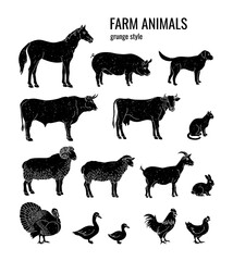 Set of silhouettes of farm animals: horse, pig, dog, bull, cow, cat, ram, sheep, goat, rabbit, turkey, goose, duck, rooster, chicken. Grunge style scratches on a separate background