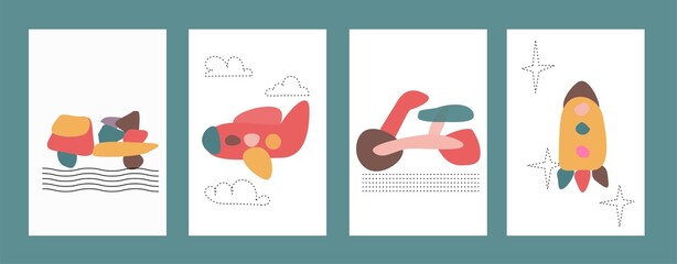 Four kids primitive adstract posters set vector illsutration