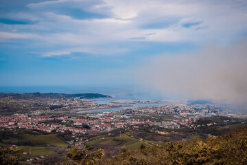 Forest fire smoke seen from the top of the Penas de Aya natural park in the Basque Country