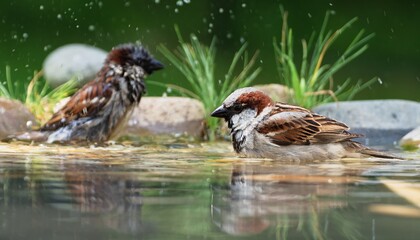 Two house sparrows, Passer domesticus are bathing in the water of a bird's waterhole. They spray...