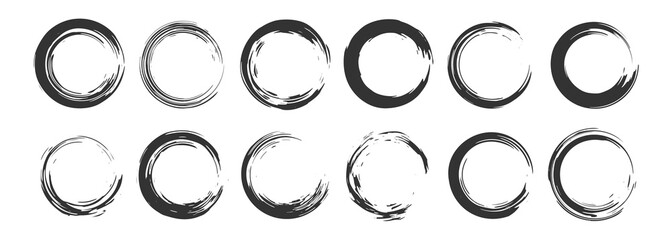 Set of different circle brush strokes, hand drawn paint frame for design logo, banner, card. Vector illustration isolated on white background.