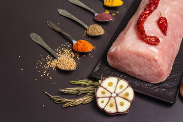 Raw pork loin and assorted spices