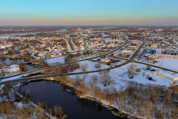 Panorama of winter landscape with residential neighborhood district City of Burlington, NJ with by the Delaware river
