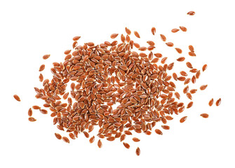 Brown flax seeds isolated on a white background. Top view.
