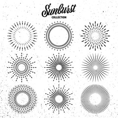 Vintage grunge sunburst collection. Bursting sun rays. Fireworks. Logotype or lettering design element. Radial sunset beams. Vector illustration.