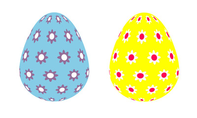 Set of two Easter eggs with a pattern of flowers in a flat style. Decorative vector easter design element on white background