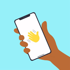 Vector flat cartoon illustration Colorful black hand with phone isolated on white background. Social network chatting with friends. Clubhouse audio chat. Vector illustration.