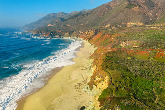 Aerial view from a drone, beautiful coastal landscape on Pacific Highway 1, traveling south to Los Angeles, Big Sur, California. Concept, vacation, tourism
