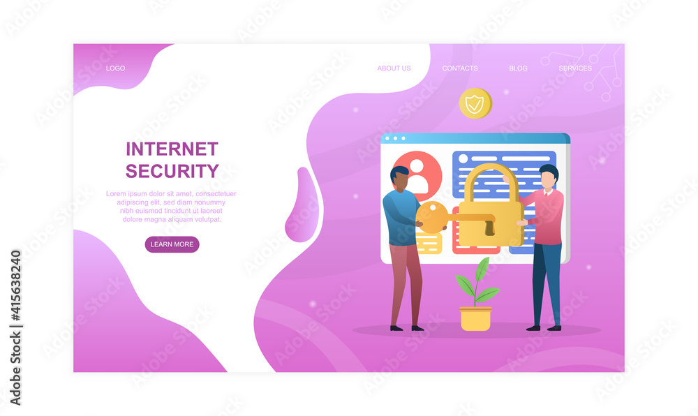 Poster two male characters are putting key in the lock. concept of digital internet security and network ac
