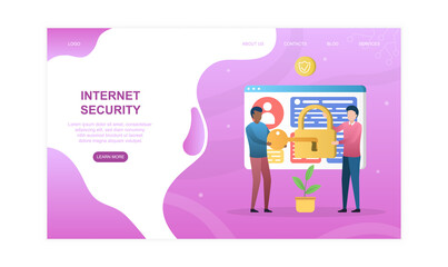 Two male characters are putting key in the lock. Concept of digital internet security and network access. Website, web page, landing page template. Flat cartoon vector illustration