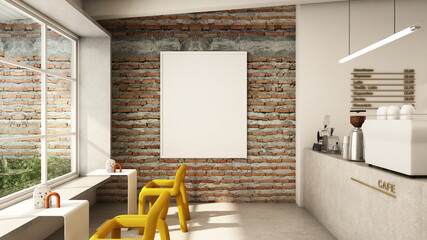 Cafe shop design Minimalist 
 Loft,Counter concrete,Shelf on white wall,Waiting area white table yellow chair,Frame mockup on brick wall,Concrete floors -3D render