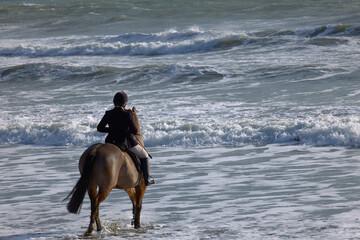 senior jockey riding a brown horse through the beach water.