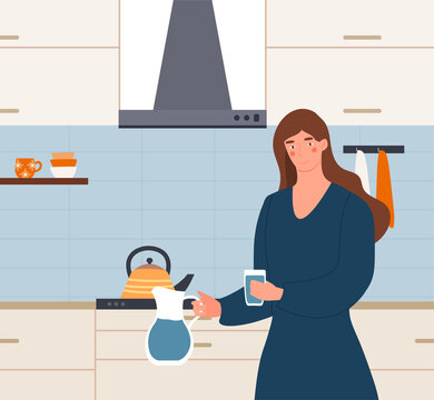 Female character is holding a glass of water and a pitcher to drink water in the kitchen. Thirsty young woman in blue dress is standing in the kitchen. Flat cartoon vector illustration