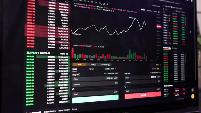 Crypto currency chart with values moving up and down, trading statistics and analytics on laptop screen | forex background | Binary options | Stock market