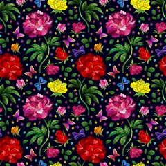 Tuinposter Seamless pattern on the theme of the Easter holiday , baskets, cakes, eggs and flowers on a dark background © Zagory