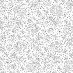 Seamless pattern with contour rose flowers and butterflies, dark outline flowers and insects on a white background
