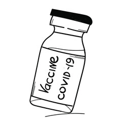 Vector drawing of a bottle with the COVID-19 coronavirus vaccine . A hand-drawn ampoule of medication is isolated on a white background. Vaccination, immunization, treatment concept