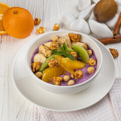 Dessert with oranges, mousse and popcorn

