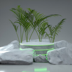 
3D gray stone pedestal, view of palm leaves. White Rock podium for cosmetics on exotic pastel green jungle background. Abstract tropical leaf of beautiful nature. 3D rendering