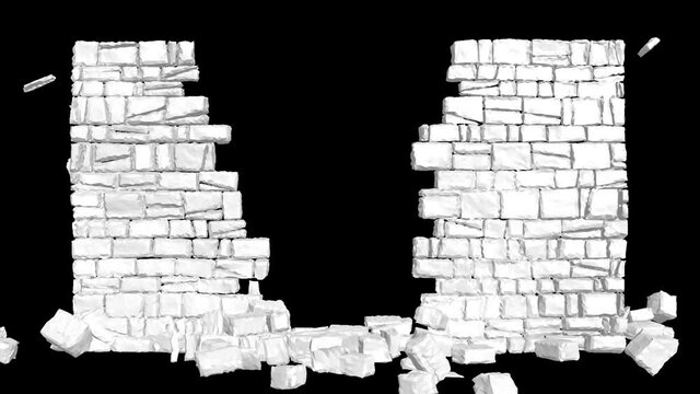 Wall explosion, destruction. 3D animation. Stonewall collapse, wall breaking exploding. Transparent background. Full HD Footage. Alpha channel included. Apple ProRes 4444. 