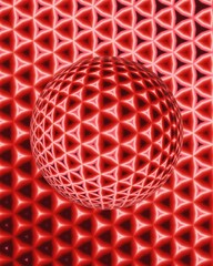 many bright red and blue diagonal pipes as hexagonal 3D sphere mosaic surface 