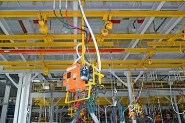 KALININGRAD, RUSSIA. Resistance spot welding machine in the welding shop of an automobile plant