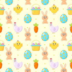 Obraz na płótnie Canvas Happy Easter day cute seamless pattern. bunny and carrot. rabbits isolated on cream background. vector Illustration.