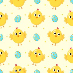 cute seamless pattern with cartoon baby chicken and egg for kids. animal on cream background. vector illustration. 