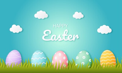 happy easter day eggs on blue background. paper art style. vector Illustration.