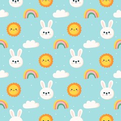 seamless pattern easter rabbit. bunny ,rainbow ,sun and cloud cartoon style. isolated on blue background. vector illustration.