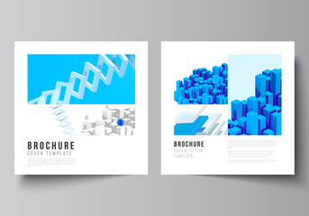 Vector layout of two square format covers templates for brochure, flyer, cover design, book design, brochure cover. 3d render vector composition with dynamic realistic geometric blue shapes in motion.
