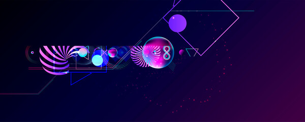 Dark retro futuristic art neon abstraction background cosmos new art 3d starry sky glowing galaxy and planets blue circles