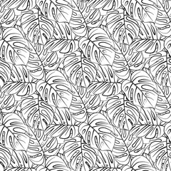 Seamless floral pattern tropical monstera leaves black and white hand drawn vector illustration