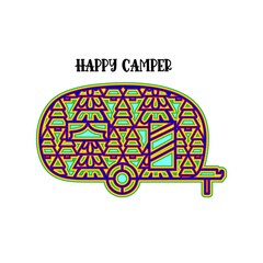 Happy camper Layered. 3d camper with ornament. Mandala layered design. Vector multilayer illustration.