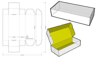 Cardboard box for sending mail. Flute Type E (Internal measurement 40 x 17 + 9 cm) and Die-cut Pattern. Ease of assembly, no need for glue.  The .eps file is full scale and fully functional.