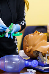 Dummy`s head and intubation set for advance cardiac life support training. Detailed training medical equipment.