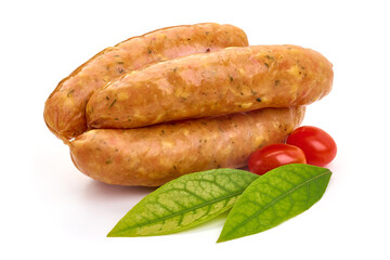 Smoked sausages with cheese, isolated on white background