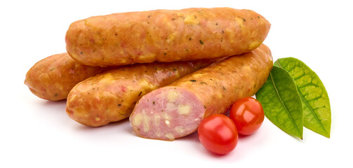 Smoked pork sausages with cheese, isolated on white background