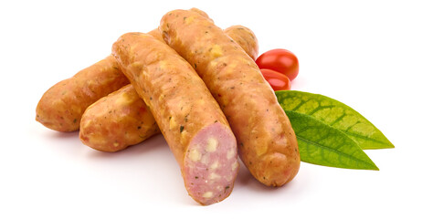 Smoked sausages with cheese, isolated on white background